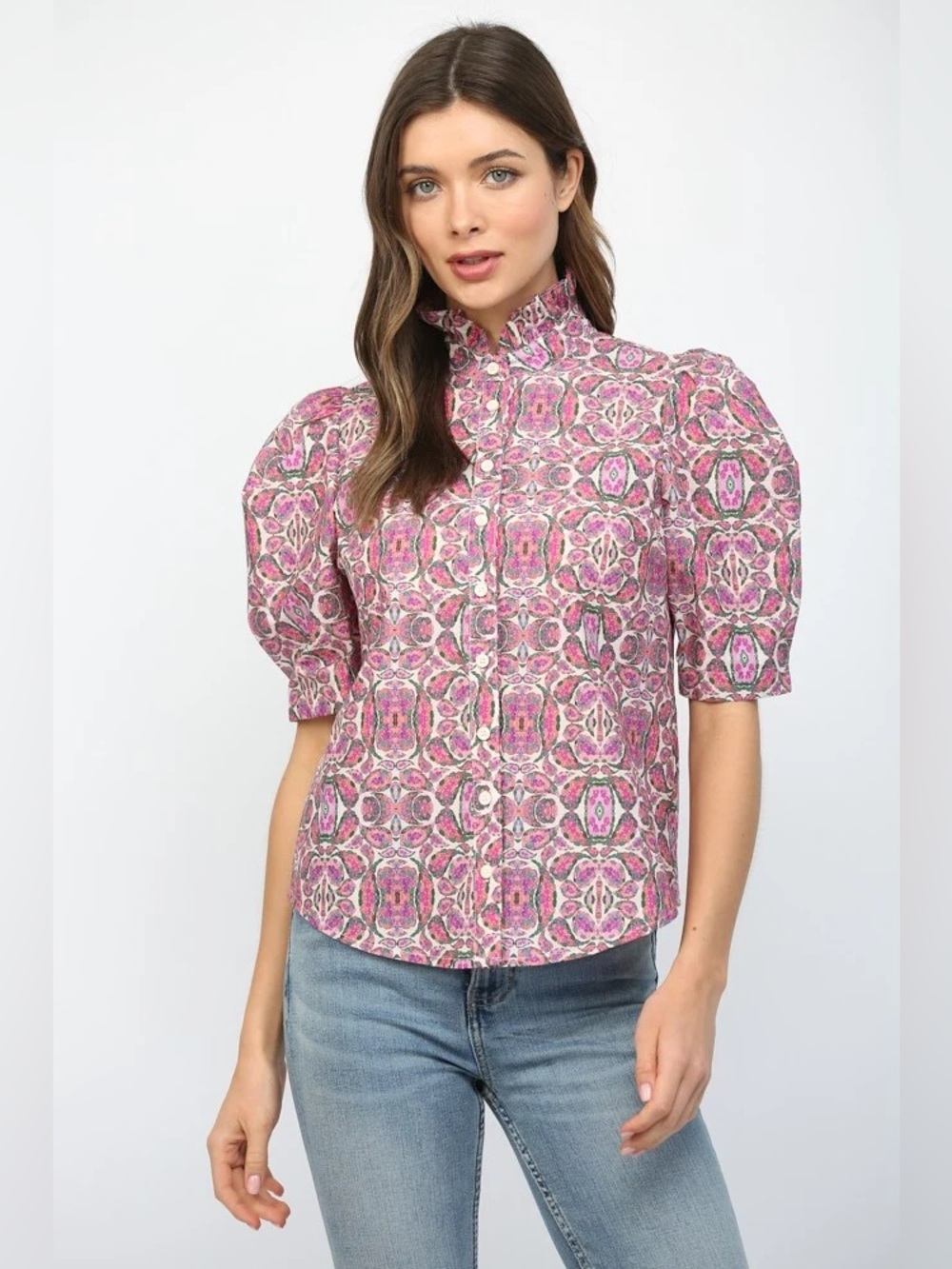 FATE Pink Floral Watercolor Ruffle Neck Puff Sleeves Button Down Top Size Small